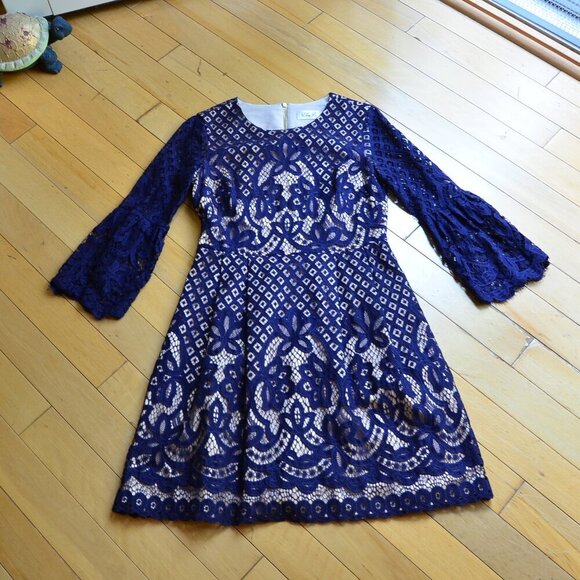 Eliza J Navy Blue And Nude Lace Overlay Cocktail Dress Size 6 - Picture 1 of 16